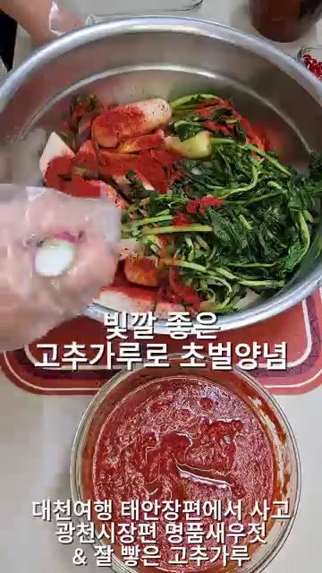 손질된 초롱무에 고추가루를 먼저 넣어 색을 입힌 후, 준비된 양념장… — 아삭시원~! 초롱무김치 이렇게 담그면 순삭! 밥도둑!