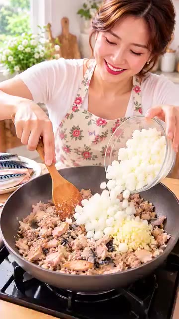 팬에 식용유를 두르고 다진 고등어를 넣고 볶는다. — 고등어쌈장