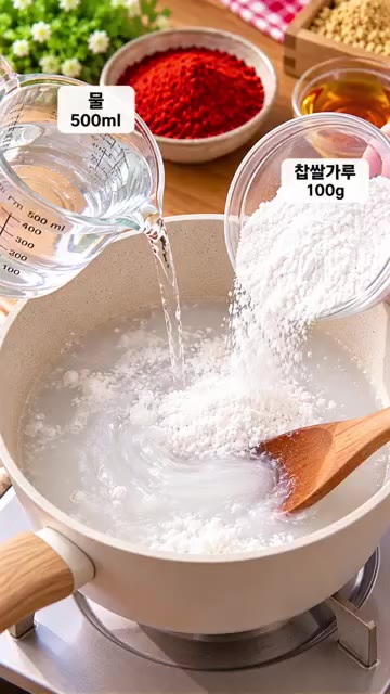 냄비에 물 500ml와 찹쌀가루 100g을 넣고 중약불에서 약 5분… — 고추장 만들기