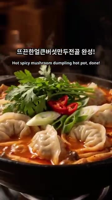 마지막으로 대파와 고추를 올려 뜨끈한 버섯 만두전골을 완성합니다. — 얼큰한 버섯 만두전골 만들기