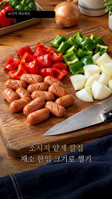 소시지는 칼집을 내고 채소는 한입 크기로 썰어 준비합니다. — 소시지 채소볶음