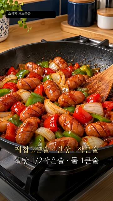 케첩 2큰술, 간장 1작은술, 설탕 1/2작은술, 물 1큰술을 넣습니다. — 소시지 채소볶음