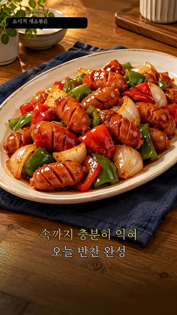 모든 재료를 잘 섞어 1분간 더 볶아 소시지 속까지 충분히 익혀줍니다. — 소시지 채소볶음