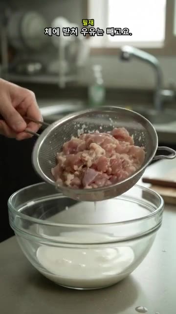 체에 밭쳐 우유를 적당히 빼 줍니다. — 치킨 대신 바삭한 한 판! 매콤한 고추닭전