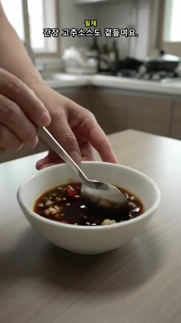 간장 고추 소스를 곁들여 냅니다. — 치킨 대신 바삭한 한 판! 매콤한 고추닭전