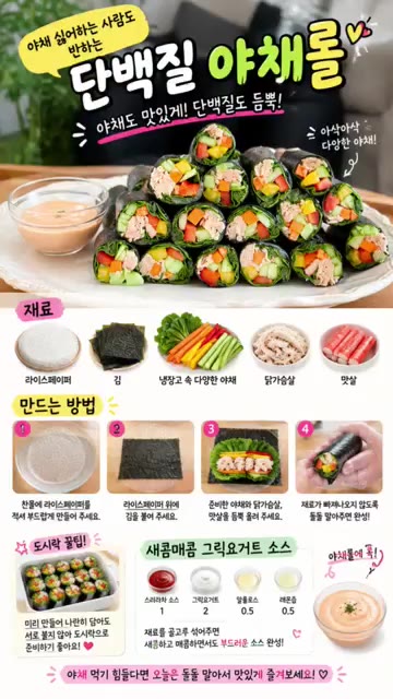 준비한 채소와 닭가슴살, 맛살을 김 위에 보기 좋게 올린다. — 단백질 야채롤