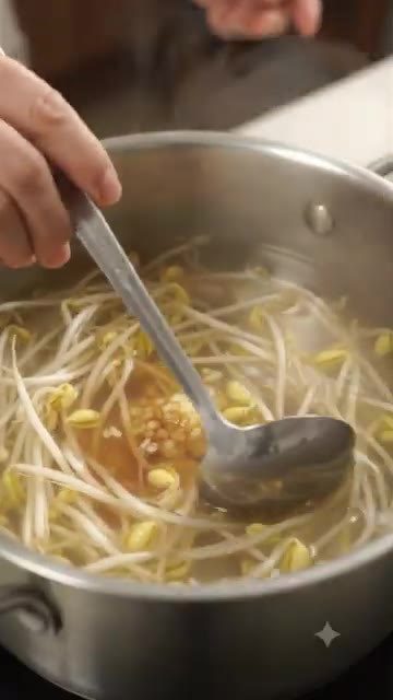 콩나물이 익으면 국간장 1큰술과 다진 마늘 1/2큰술을 넣습니다. — 시원하고 깔끔한 콩나물국 맛있게 끓이는 법