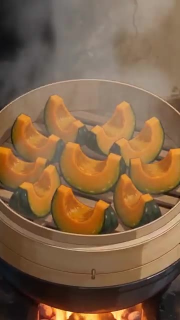 단호박이 폭신해질 때까지 찐다. — 단호박 오리엔탈 샐러드 레시피