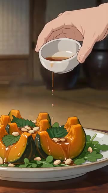 찐 단호박 위에 오리엔탈 드레싱을 얇게 뿌린다. — 단호박 오리엔탈 샐러드 레시피