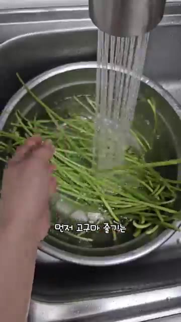 고구마줄기의 껍질을 벗기고 깨끗이 씻어 준비합니다. — 밥도둑 고구마줄기 볶음 레시피