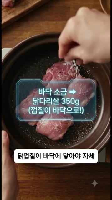 냄비 바닥에 소금을 뿌리고 닭다리살의 껍질이 바닥을 향하도록 깔아줍니다. — 닭고기와 양파만 냄비에 넣었더니?! 인생 치킨 완성