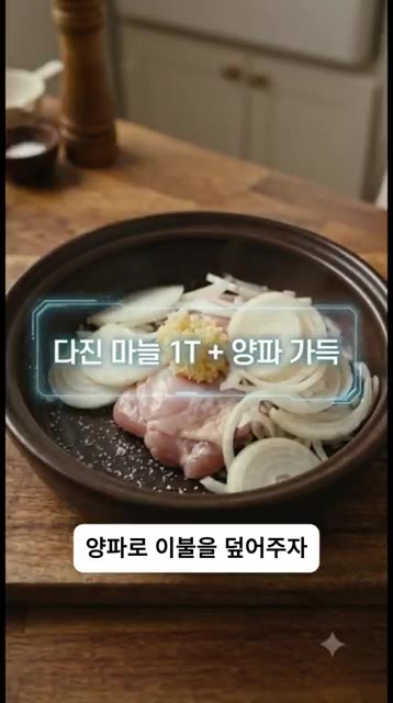 닭고기 위에 다진 마늘 1큰술을 올리고 썬 양파를 넉넉하게 덮어줍니다. — 닭고기와 양파만 냄비에 넣었더니?! 인생 치킨 완성