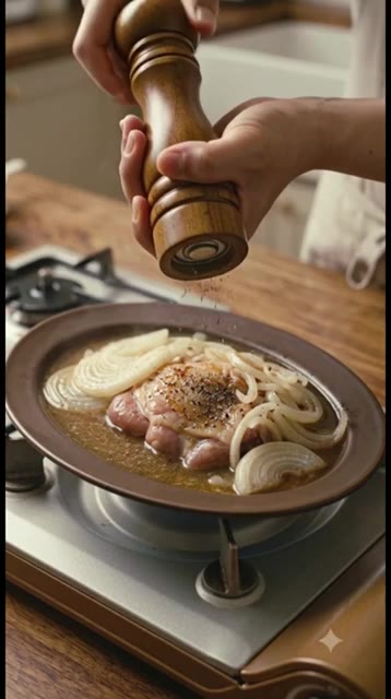접시에 양파와 닭고기를 담고 남은 진한 육수를 부은 뒤 통흑후추를… — 닭고기와 양파만 냄비에 넣었더니?! 인생 치킨 완성