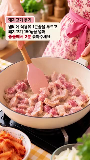 팬에 식용유 1큰술을 두르고 돼지고기 150g을 넣어 중불에서 2분… — 돼지고기 신김치 비지찌개