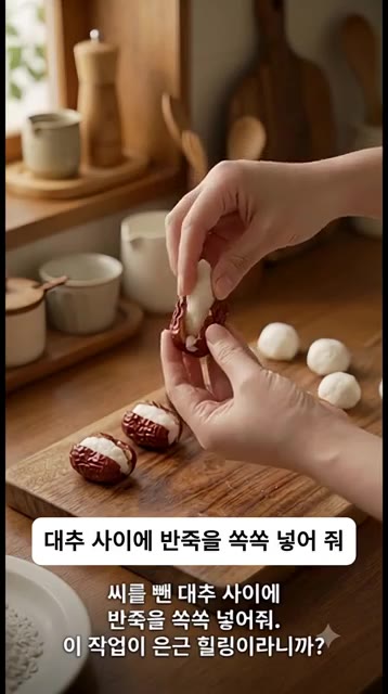 씨를 뺀 대추 사이에 빚어둔 반죽을 쏙 넣어줍니다. — 쫀득함 폭발! 대추의 럭셔리한 대변신, 초간단 찹쌀 대추말이 떡 만들기