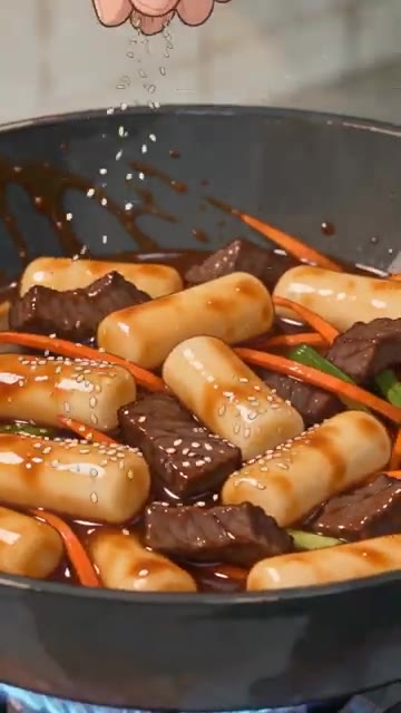 데친 떡을 넣고 간장 양념장을 부어 윤기 나게 볶습니다. — 궁중떡볶이 레시피 🍢 간장 양념으로 볶아내는 흰 떡볶이 만드는 법