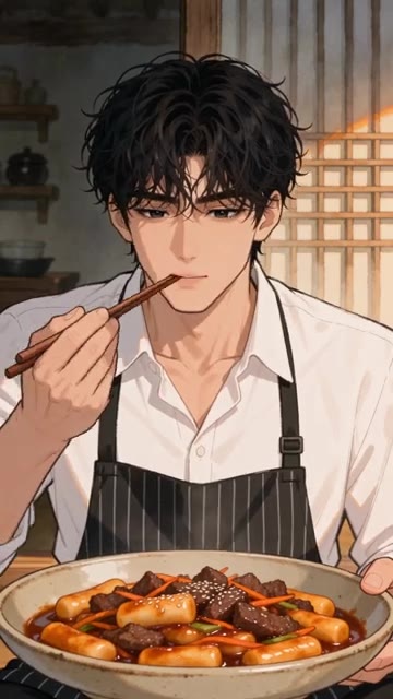 통깨를 뿌려 마무리합니다. 완성된 궁중떡볶이를 들고 바닷가 풍경을… — 궁중떡볶이 레시피 🍢 간장 양념으로 볶아내는 흰 떡볶이 만드는 법