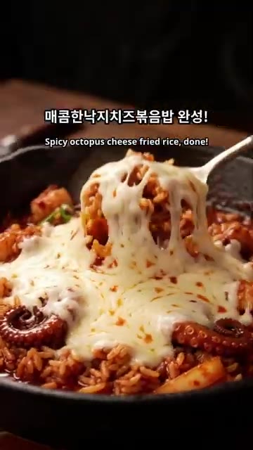 매콤한 낙지 치즈 볶음밥이 완성되었습니다. — 매콤 낙지 치즈 볶음밥 만들기