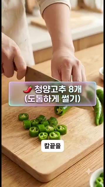 청양고추 8개를 도톰하게 썰어줍니다. 칼끝을 고정하고 묵직하게 톡톡… — 파스타 먹을 때 김치 찾던 사람 주목! 5분 만에 끝내는 인생 매콤 올리브 무침
