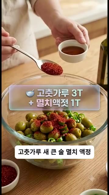 볼에 올리브와 고추를 넣고 고춧가루 3큰술, 멸치액젓 1큰술을 넣어… — 파스타 먹을 때 김치 찾던 사람 주목! 5분 만에 끝내는 인생 매콤 올리브 무침