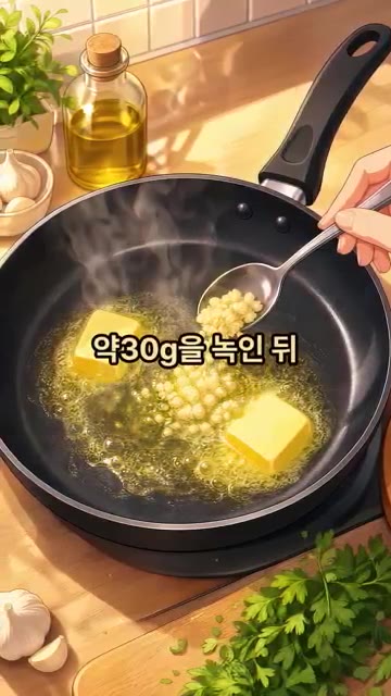 팬에 버터 약 30g을 녹인 뒤 다진 마늘 1큰술을 넣어 향을 내줍니다. — 10분 만에 만드는 버터갈릭새우 레시피