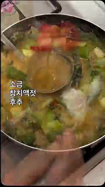나머지 야채를 넣고 푹 끓인 후 소금, 참치액젓, 후추로 간을 맞춥니다. — 바다장어탕 만들기