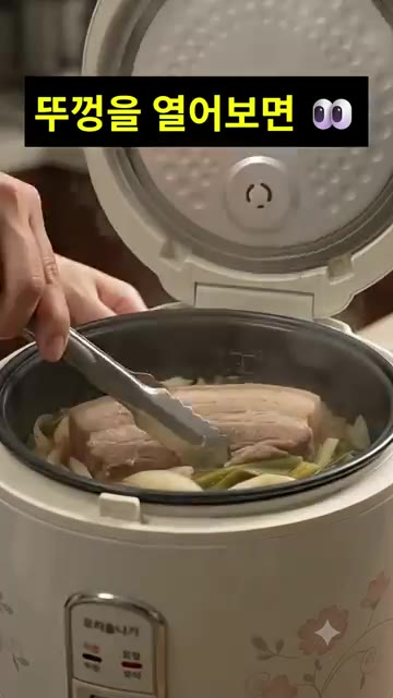 밥솥 뚜껑을 열어보면 촉촉하게 익은 수육이 완성되었습니다. — 밥솥 수육 만들기: 전기밥솥으로 촉촉하고 부드러운 수육 레시피