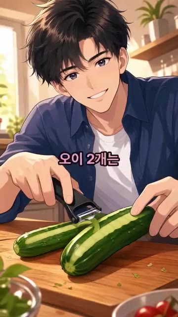 오이 2개는 감자칼로 줄무늬 모양이 되도록 껍질을 반만 벗겨줍니다. — 절이지 않고 3분 만에 무치는 아삭 오이무침
