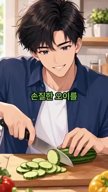 손질한 오이를 동글동글하게 적당한 두께로 썰어줍니다. — 절이지 않고 3분 만에 무치는 아삭 오이무침