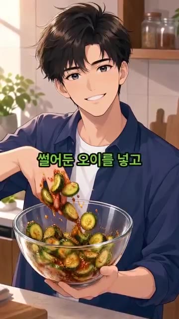썰어둔 오이를 넣고 양념이 골고루 묻도록 가볍게 버무려줍니다. — 절이지 않고 3분 만에 무치는 아삭 오이무침