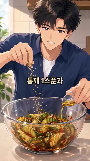 마지막으로 통깨 1스푼과 참기름 0.5스푼을 둘러 마저 섞어주면 완… — 절이지 않고 3분 만에 무치는 아삭 오이무침