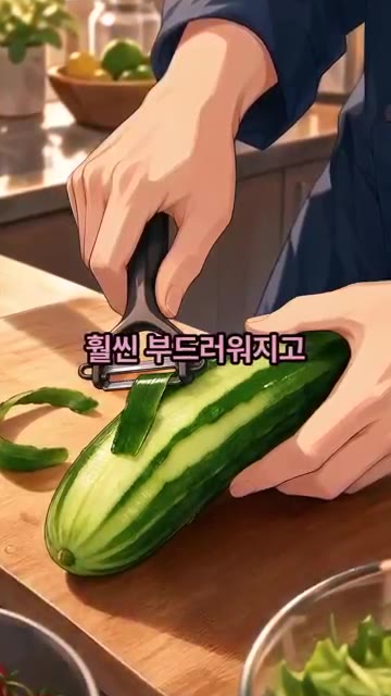 껍질을 반만 벗겨주면 식감은 훨씬 부드러워지고 오이 표면에 양념이… — 절이지 않고 3분 만에 무치는 아삭 오이무침