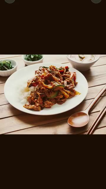 양념한 돼지고기를 넣고 센 불에서 빠르게 볶는다. — 매콤 돼지고기 볶음