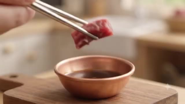 썰어놓은 갈비를 간장 소스에 찍어준다. — 미니 갈비찜 만들기