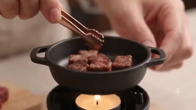 미니 무쇠 솥에 갈비를 넣고 약한 불로 노릇하게 구워준다. — 미니 갈비찜 만들기