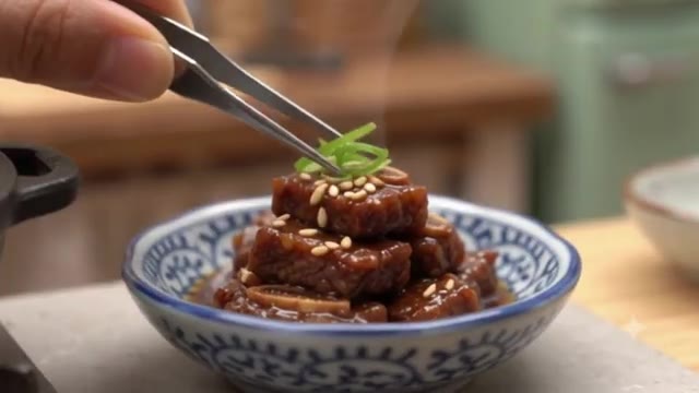 잣과 파채를 올려 갈비찜을 완성한다. — 미니 갈비찜 만들기