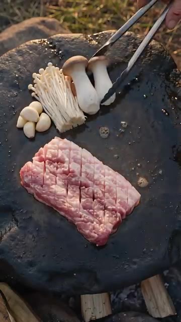 삼겹살 옆에 마늘, 팽이버섯, 느타리버섯을 올린다. — 캠핑 삼겹살 구이