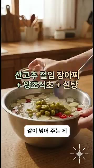 산고추 절임 장아찌 국물, 양조식초, 설탕을 넣고 잘 섞어 피클 물… — 절대 실패 없는 아삭함! 할머니표 치트키 피클 만들기