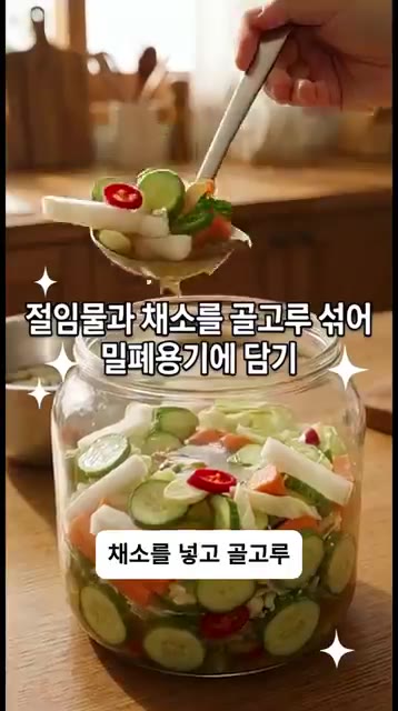 깨끗한 밀폐 용기에 절여둔 채소를 담고, 만들어둔 피클 물을 부어… — 절대 실패 없는 아삭함! 할머니표 치트키 피클 만들기