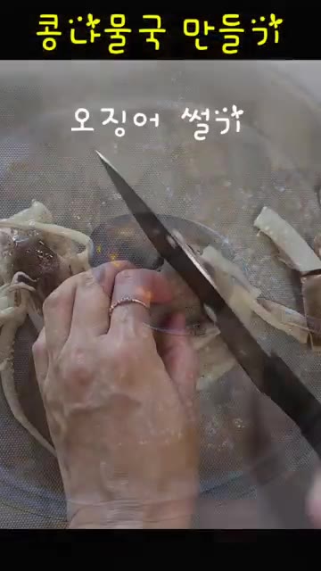 오징어를 먹기 좋게 썰어 준비한다. — 콩나물 한 봉지로 콩나물국 & 콩나물무침 만들기