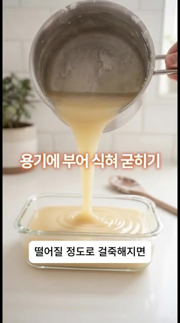 걸쭉해진 반죽을 사각 용기에 부어 식히고 굳혀줍니다. — 젤리보다 쫀득한 사과 우유 큐브 만들기! 오븐 없이 만드는 초간단 디저트 레시피