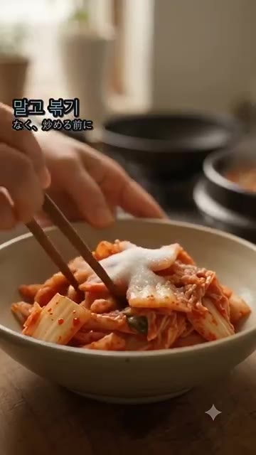 볶기 전에 김치에 설탕 반 스푼을 버무려 준다. — 묵은지 김치찌개 시큼하기만 했다면? 신맛 싹 잡고 감칠맛 폭발하는 황금 레시피