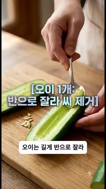 오이는 길게 반으로 잘라 씨를 제거한 후 먹기 좋게 어슷썰기 해주세요. — 칼로리 폭탄 아님? 고단백 초간단 별미! 매콤달콤 오이 닭무침