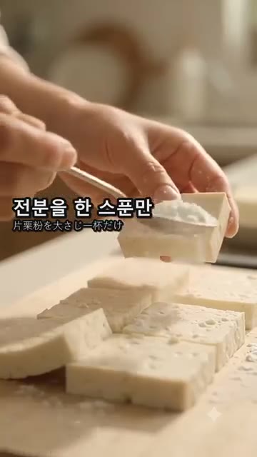 전분을 한 스푼만 얇게 묻혀 겉이 바삭해지도록 준비한다. — 겉바속촉 절대 안 부서지는 두부구이 황금 레시피