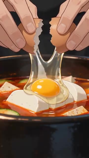 달걀 1개를 통째로 순두부 위에 깨 넣는다. — 순두부찌개 레시피 🔥 매콤하고 뜨끈한 뚝배기 순두부찌개 한 그릇 | Sundubu-jjigae (Soft Tofu Stew)