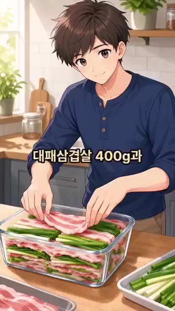 내열 용기에 대패삼겹살 400g과 썰어둔 대파를 사이사이 섞어 담아… — 전자레인지 8분 대패삼겹 수육