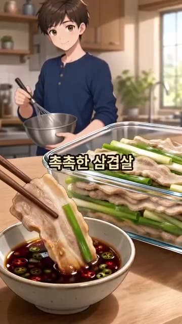 내열 용기에 대파와 대패삼겹살을 사이사이 섞어 넣고 맛술을 둘러 1… — 전자레인지 8분 대패삼겹 수육