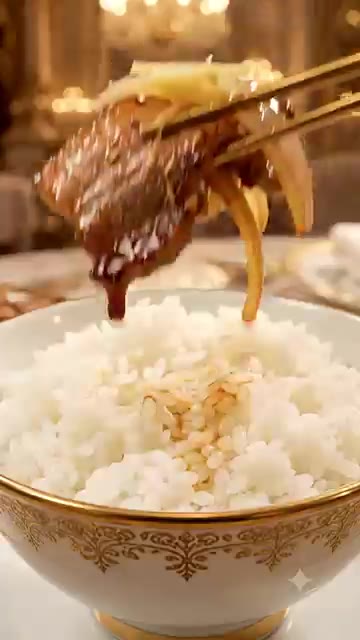 완성된 돼지고기 생강구이를 밥 위에 올려 맛있게 즐긴다. — 돼지고기 생강구이