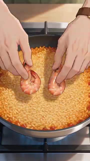 훈제 파프리카가루와 쌀을 넣고 볶다가 사프란 육수를 부어 편평하게… — 해물 빠에야 레시피 🍤 집에서 팬 하나로 완성하는 사프란 해물빠에야
