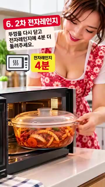 뚜껑을 다시 덮고 전자레인지에 4분 더 돌려줍니다. 마지막으로 통깨… — 불 없이 10분! 전자레인지 제육볶음
